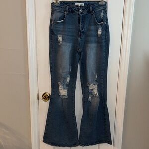 Almost Famous Distressed Wide Leg Jeans - Dark Blue